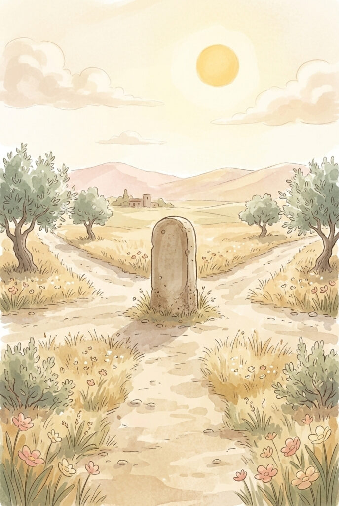 Painterly illustration of a weathered stone waymarker at a dusty crossroads with three roads running out across open country