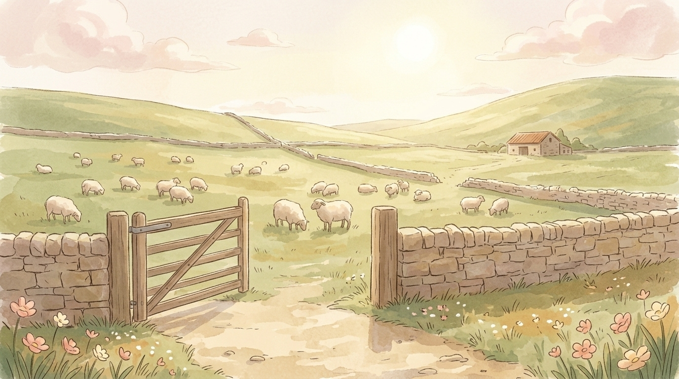 Painterly illustration of sheep grazing on an open hillside at midday with a wooden field gate standing wide open