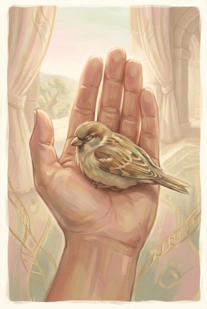 Of more value than many sparrows — a small bird resting on an open palm