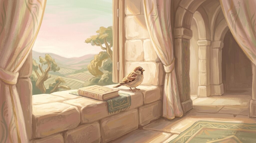 Of more value than many sparrows — a small sparrow perched on a stone windowsill