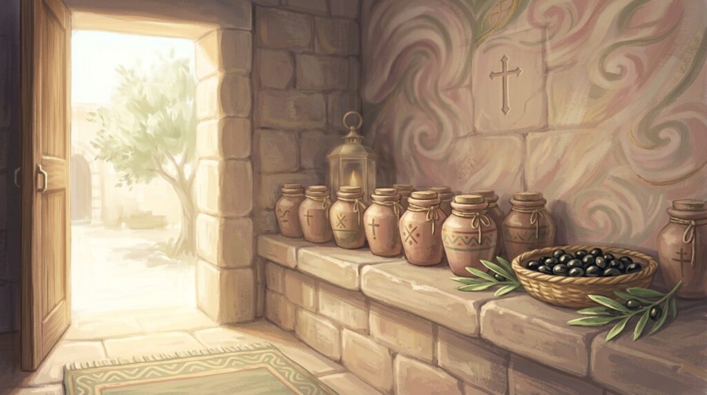 Oil in their vessels — small sealed clay oil jars on a stone shelf in bright daylight