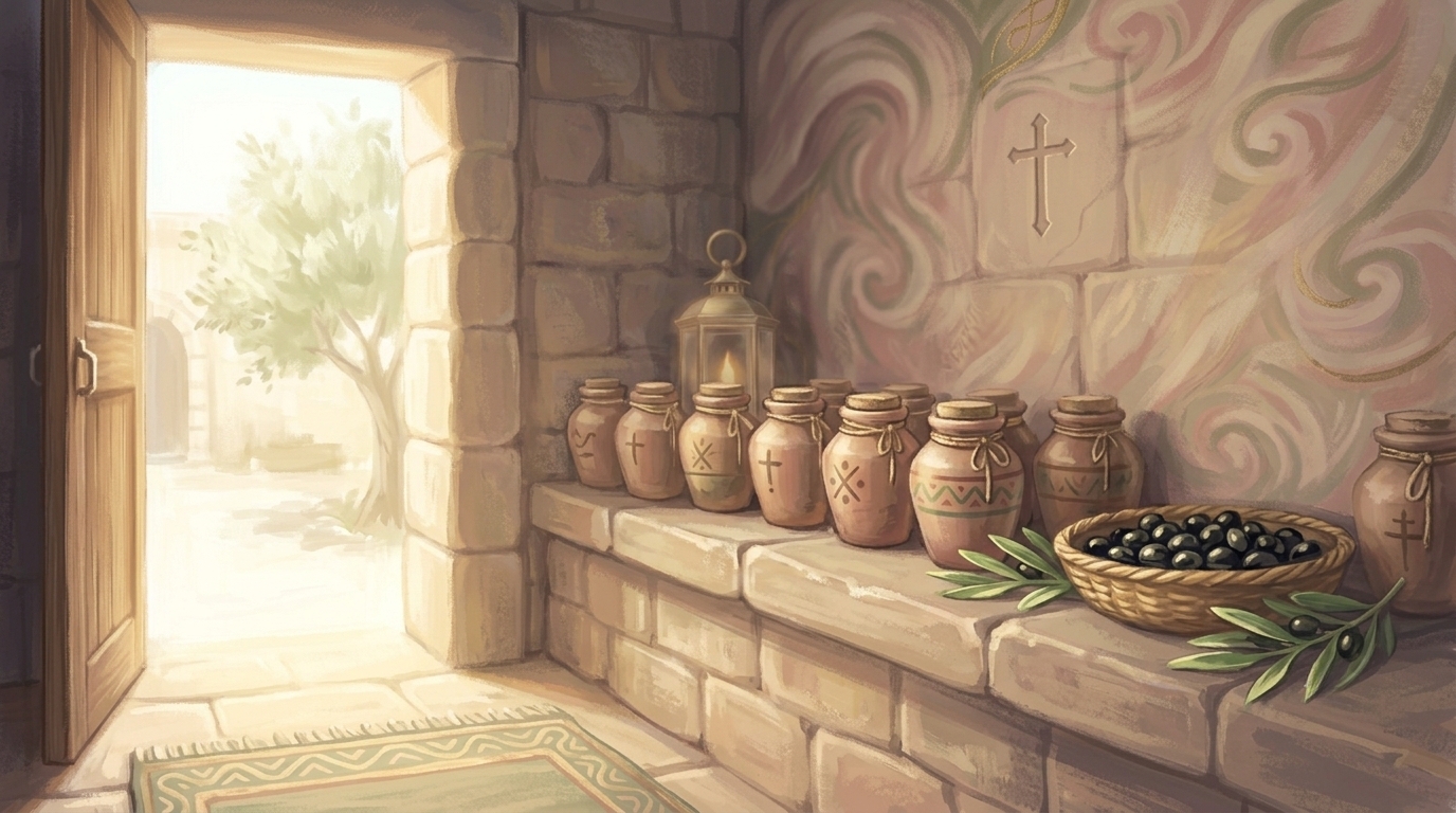 Oil in their vessels — small sealed clay oil jars on a stone shelf in bright daylight