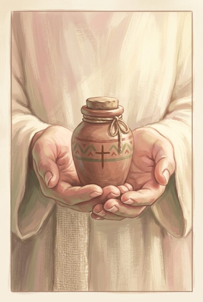 Oil in their vessels — two hands cradling one small stoppered clay flask
