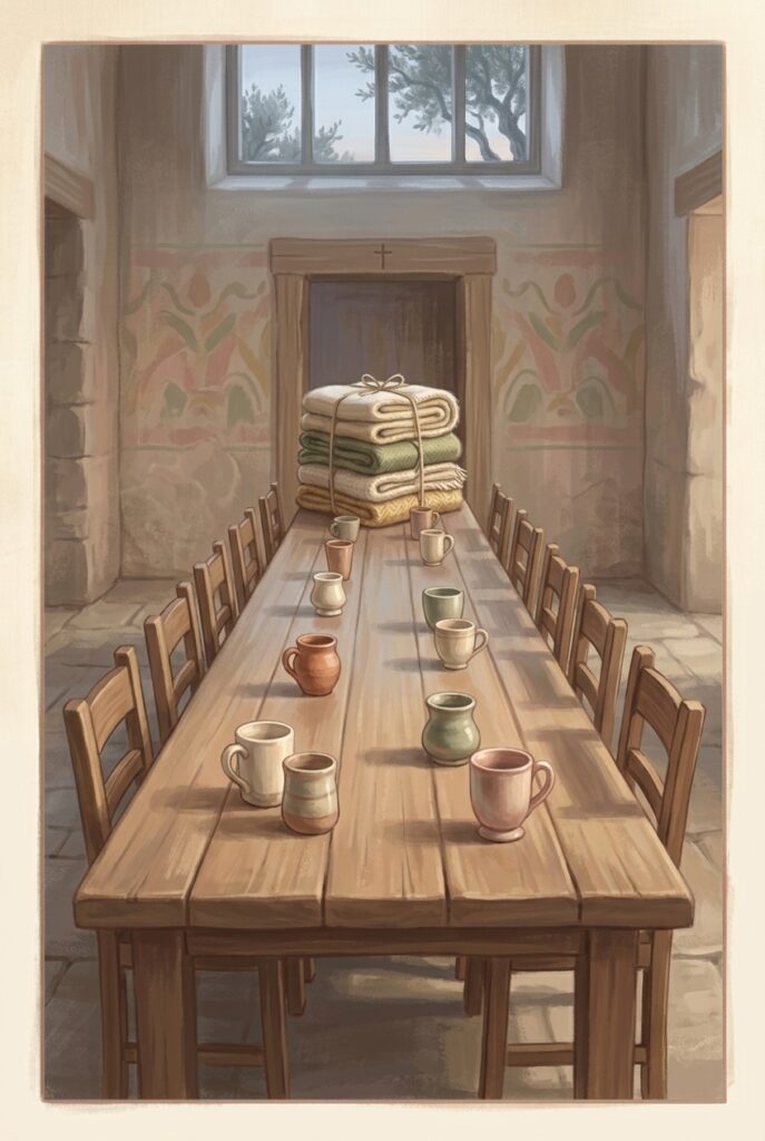 Oil in their vessels — a long table set with cups and folded blankets in an empty hall