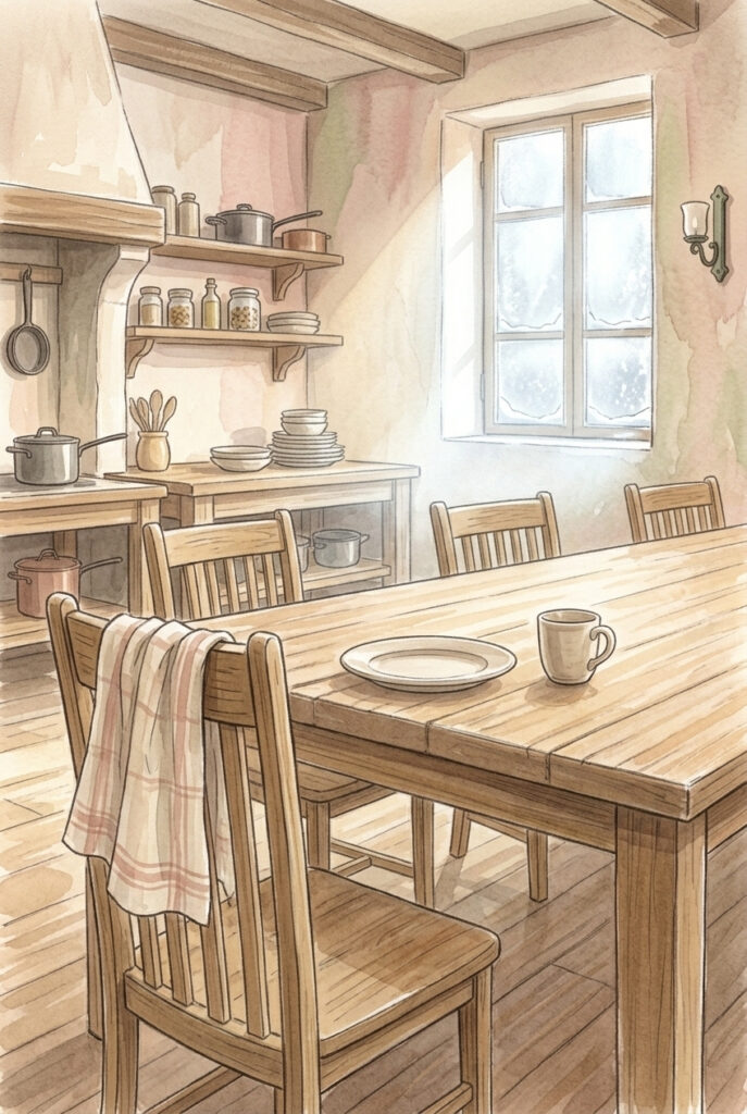 A winter kitchen at midday with one plate set at a scrubbed table and a chair drawn out