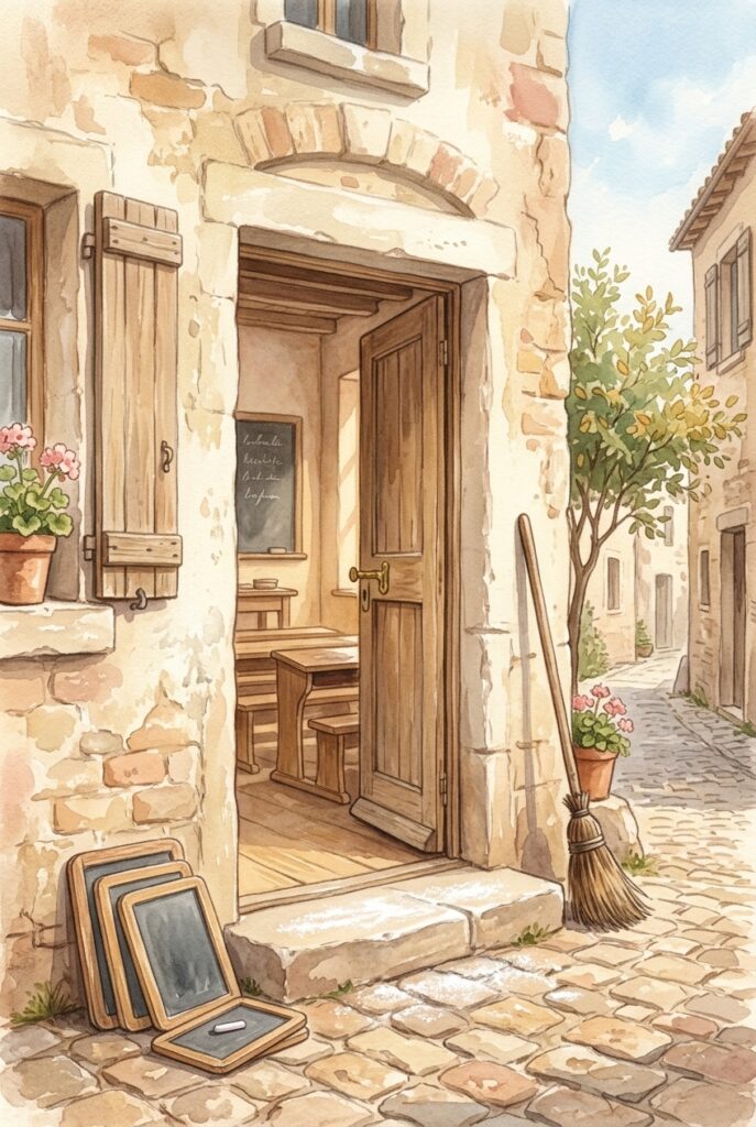 An open schoolroom doorway in morning light with a stack of small slates on the step