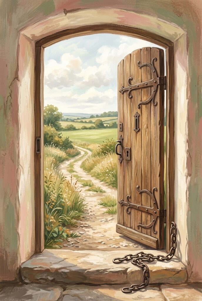A heavy studded door standing open onto a sunlit road through open fields, a chain coiled on the stone