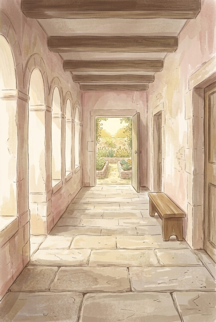 An empty friary corridor in afternoon light with an open door onto a herb garden, illustrating an ordinary green weekday in the 1962 calendar.