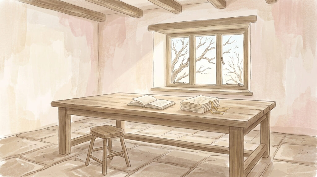 A study table with an open book and manuscript leaves in late morning light, bare November branches at the window