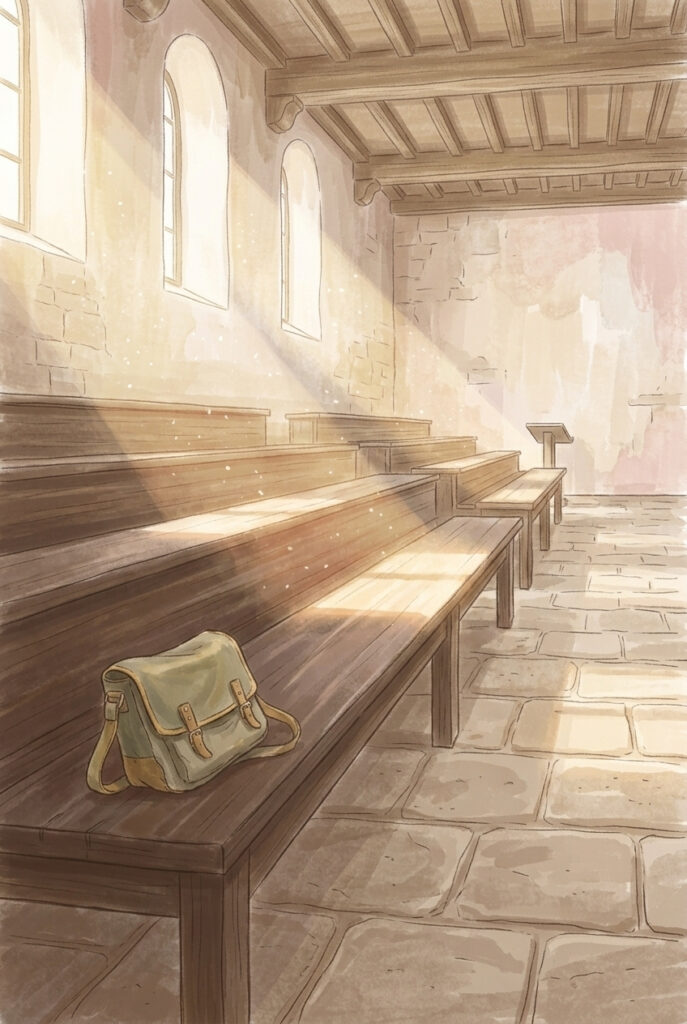 An empty stone lecture hall at midday with sunlight across a worn wooden bench and a satchel