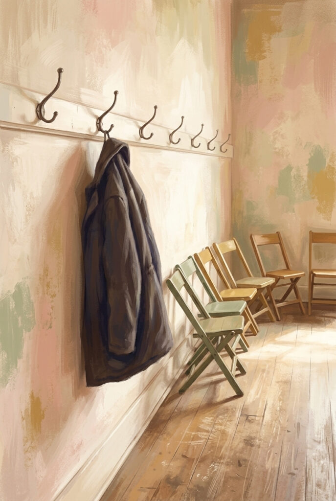 A single coat hung on a row of iron hooks in a parish hall with chairs set out behind, illustrating the difference between visiting a room and belonging in it