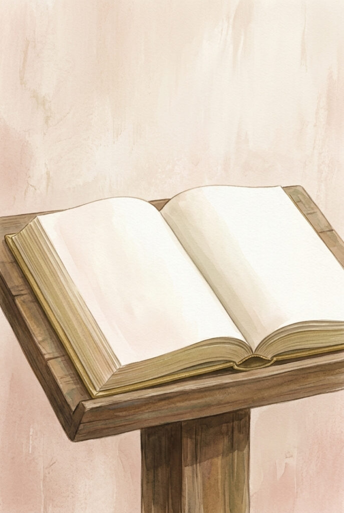 Put on the armour of light — a plainly bound book open on a lectern at its first page, the facing page blank, in flat overcast daylight