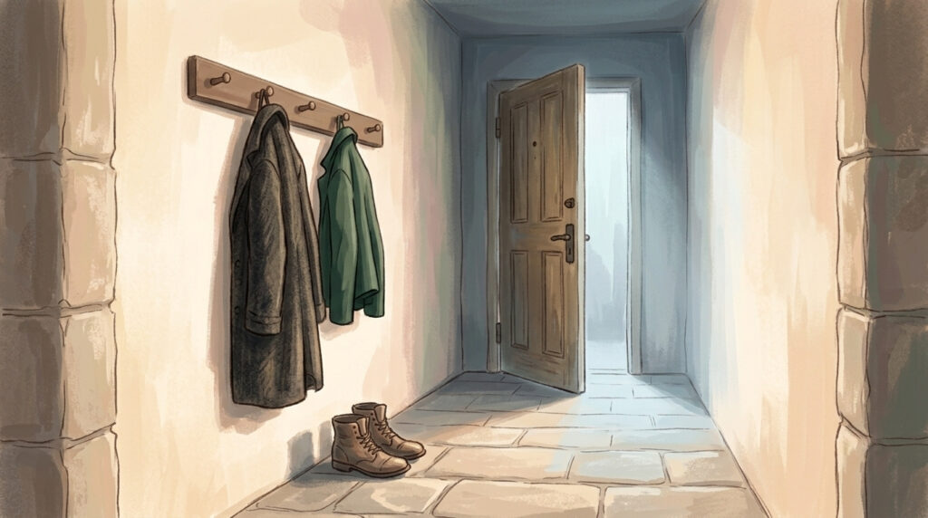 Put on the armour of light — a coat and a folded jacket hanging on wooden pegs in a bare hallway, boots beneath, the front door ajar onto pale morning light