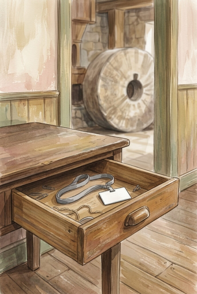 Put on the armour of light — a grey lanyard and a blank name badge in an open desk drawer, a mill wheel out of focus beyond