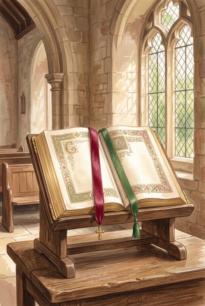 An open service book on a stand in a sunlit chapel, one page held by two ribbons