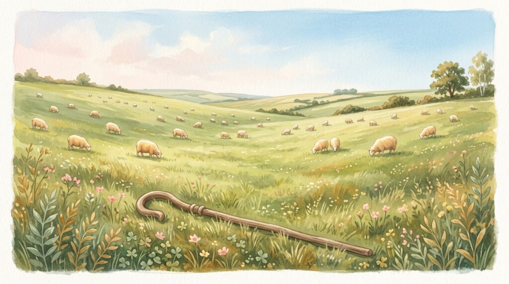 A scattered flock grazing across a wide green hillside with no fence, a wooden crook lying in the grass