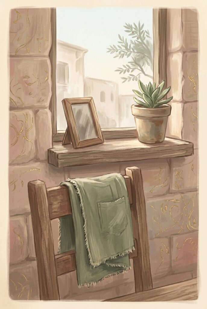 St. Hyacinth — a potted plant and a turned photograph on a modest kitchen windowsill