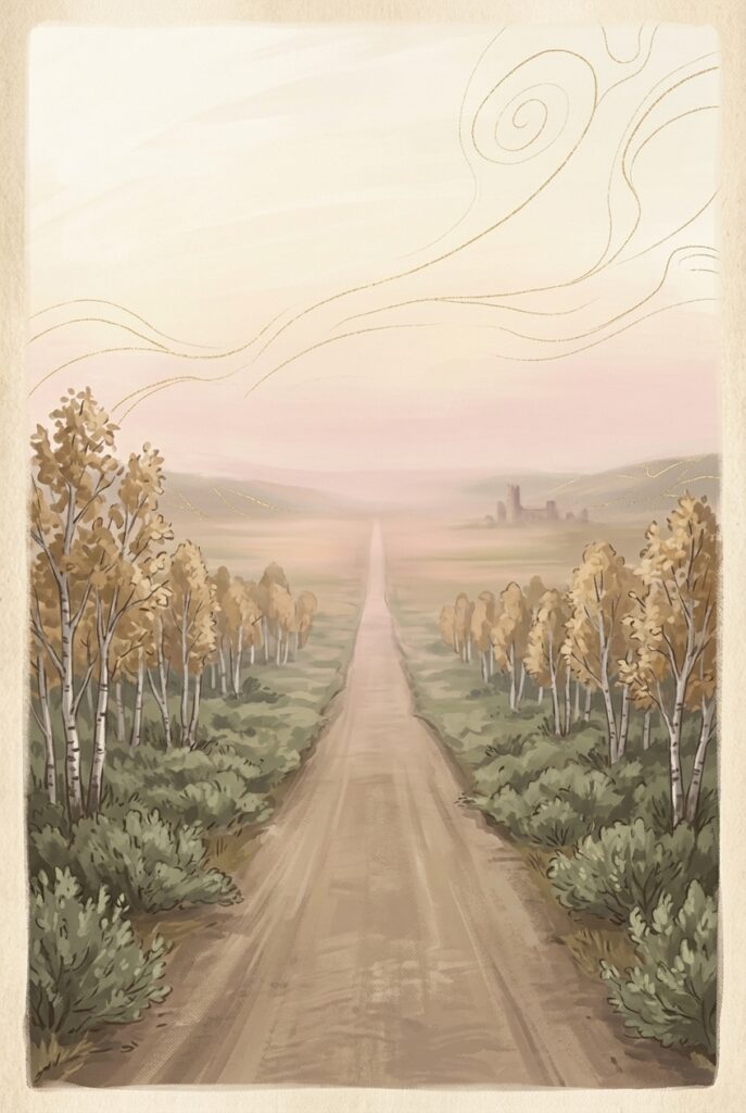 St. Hyacinth — a long earthen road running away into hazy northern country