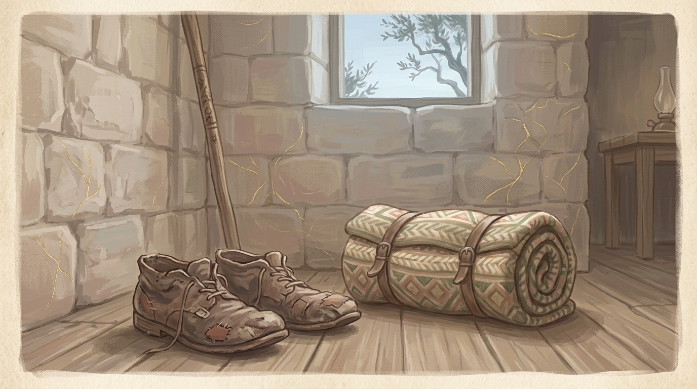 St. Hyacinth — a pair of worn, repaired leather walking shoes beside a rolled cloak and staff