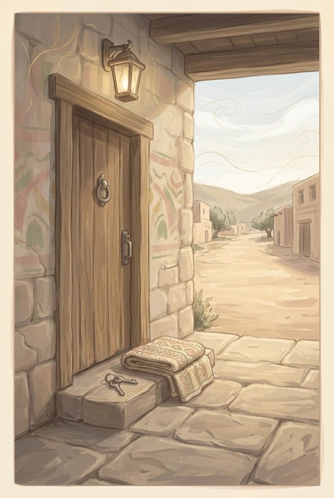 Stand her ground — a porch light burning in daylight above a door with keys on the step