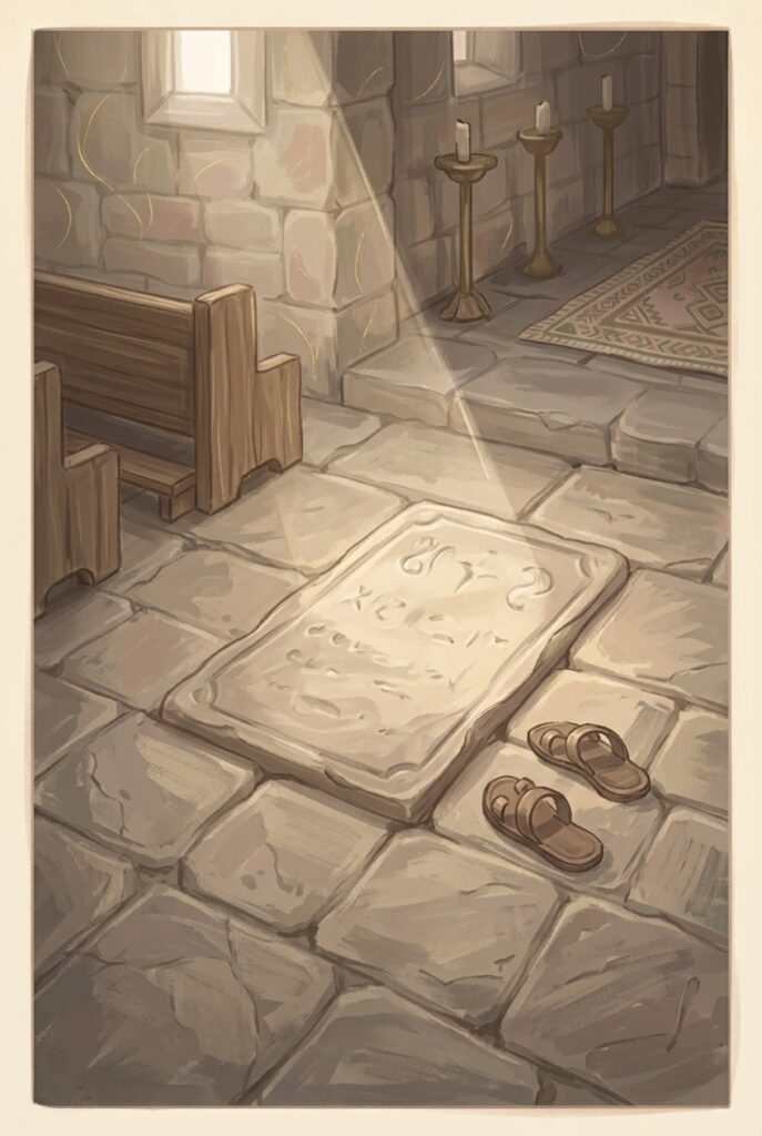 Stand her ground — a worn church flagstone with its inscription rubbed smooth