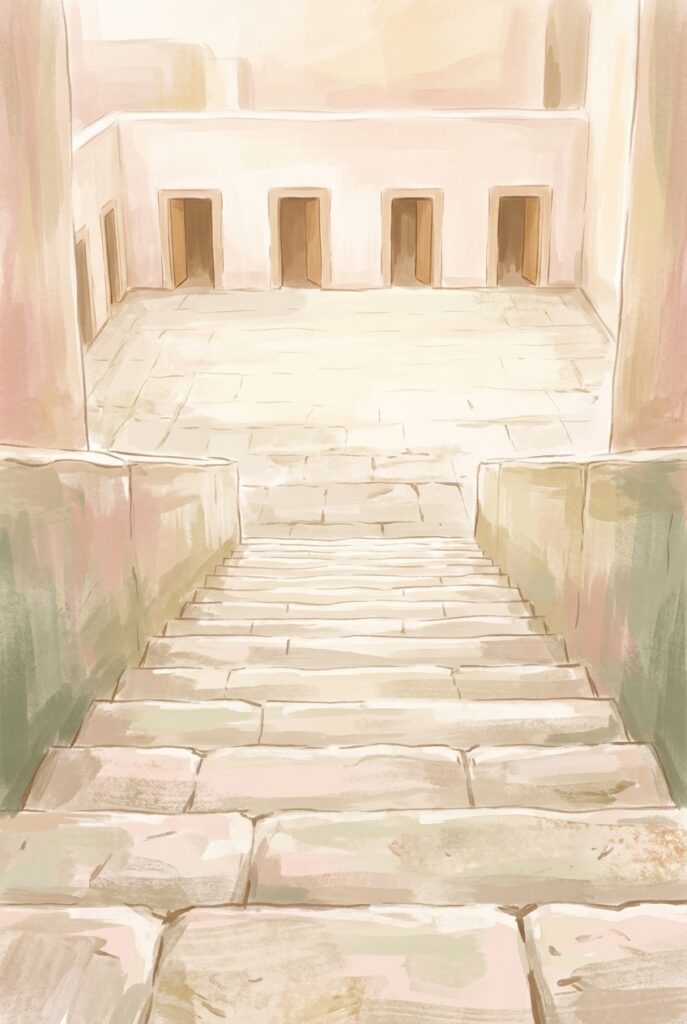 Stood in a plain place — stone steps descending to a level courtyard with four doorways at the same height