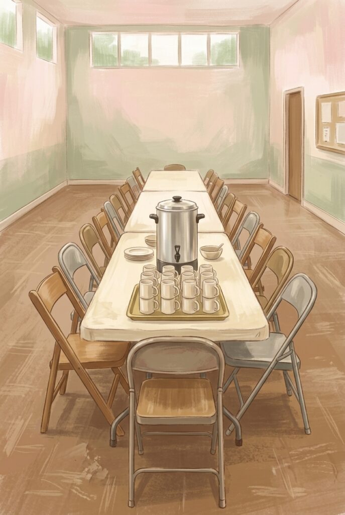 Stood in a plain place — folding tables pushed into one long table with mismatched chairs and the coffee urn in the middle