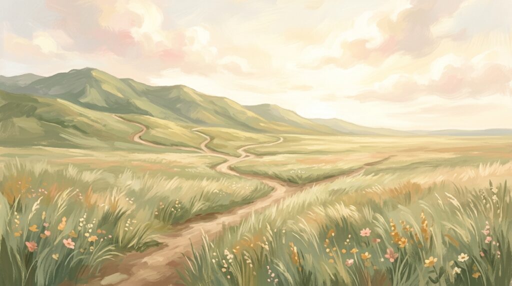 Stood in a plain place — footpaths descending a green ridge onto flat open ground in morning light