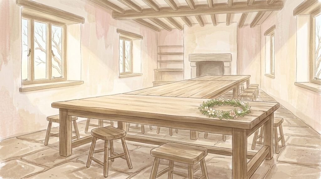 A single woven circlet of leaves on a wooden table surrounded by twelve empty chairs in morning light, illustrating one crown shared among the Twelve Holy Brothers