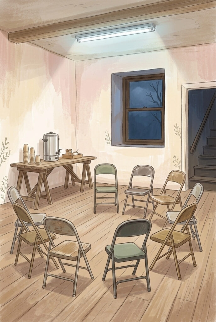 A ring of mismatched folding chairs and a steel urn in a plain upstairs meeting room at night, illustrating a room where sobriety is held in common