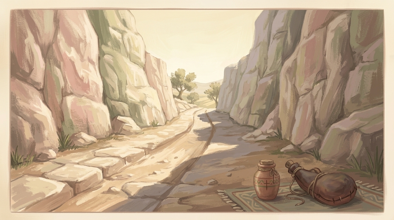 The letter killeth — a flask of oil and a wineskin set down on an empty stony road