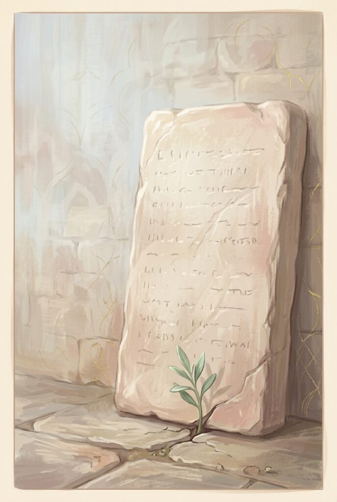 The letter killeth — a worn stone tablet with a green shoot growing through the crack beneath it