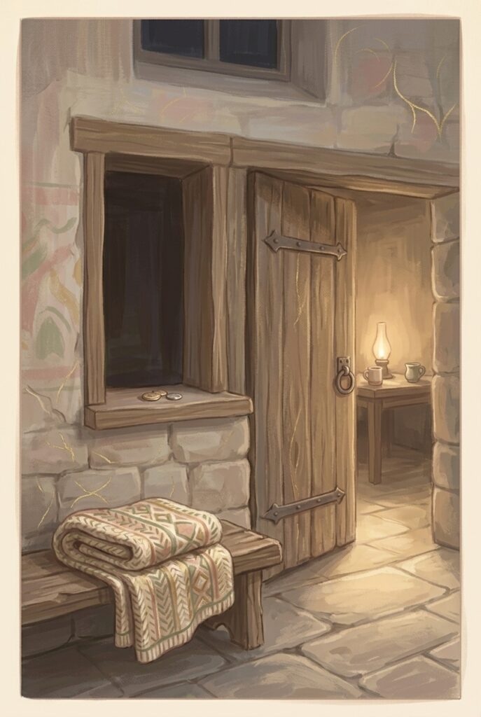 The letter killeth — two coins left on the windowsill beside a lit inn doorway at dusk