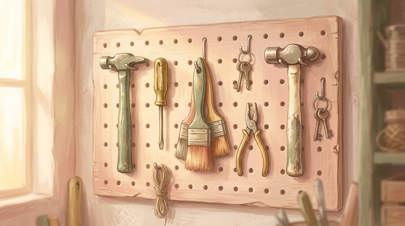 The same Spirit — an assortment of mismatched hand tools hanging together in soft morning light