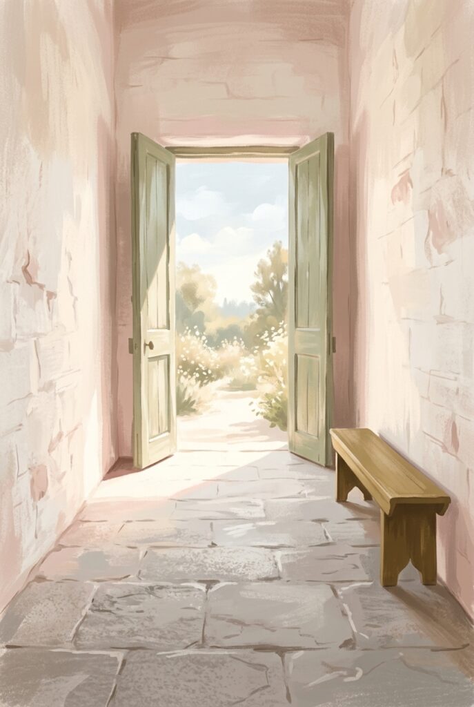 The throne of grace — tall double doors standing open onto daylight in a whitewashed hall