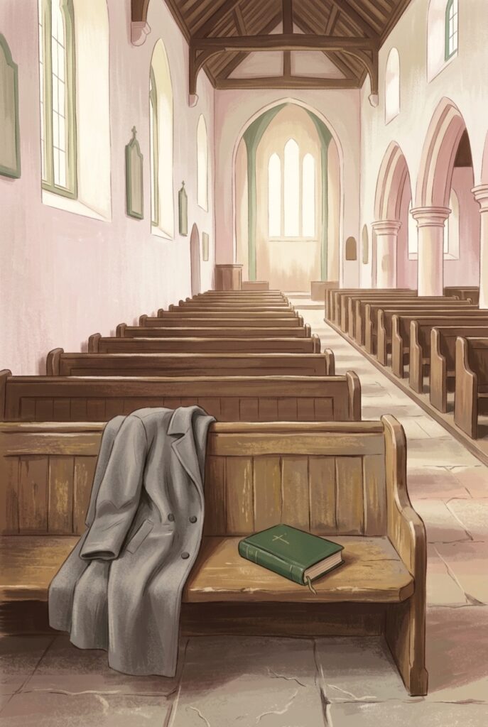 The throne of grace — a folded coat and closed hymnal on the back pew of an empty weekday church