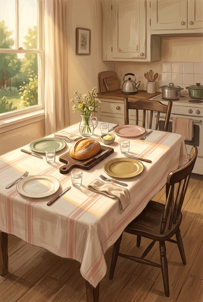 A kitchen table set for a meal in afternoon light with one chair pulled out and waiting, illustrating being received rather than certified