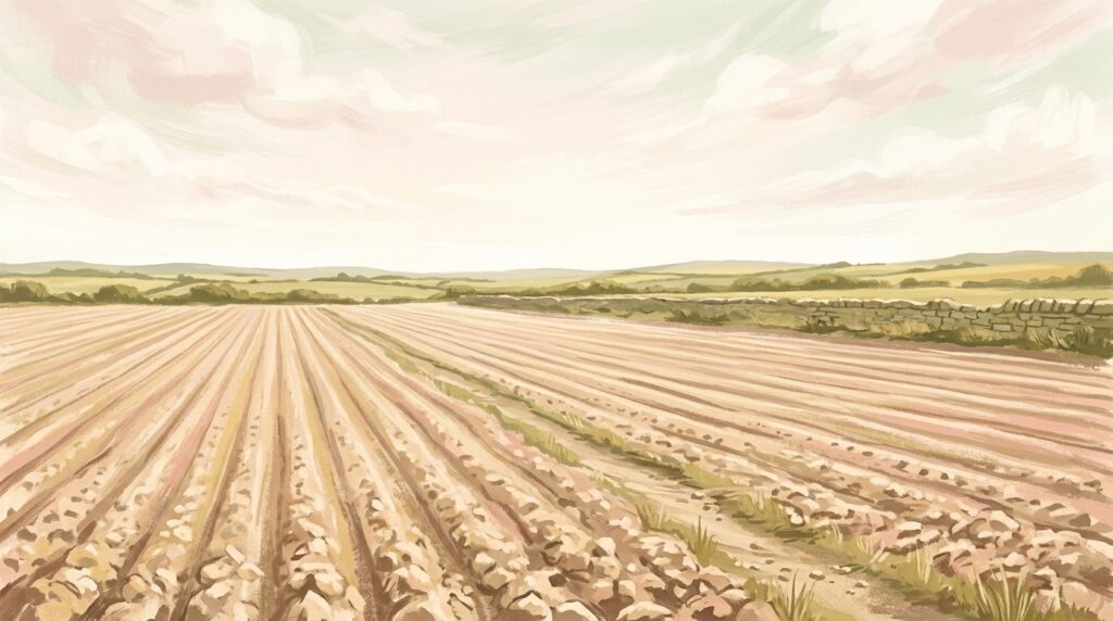 Treasure hidden in a field — a footpath worn across a ploughed field at noon under a pale sky