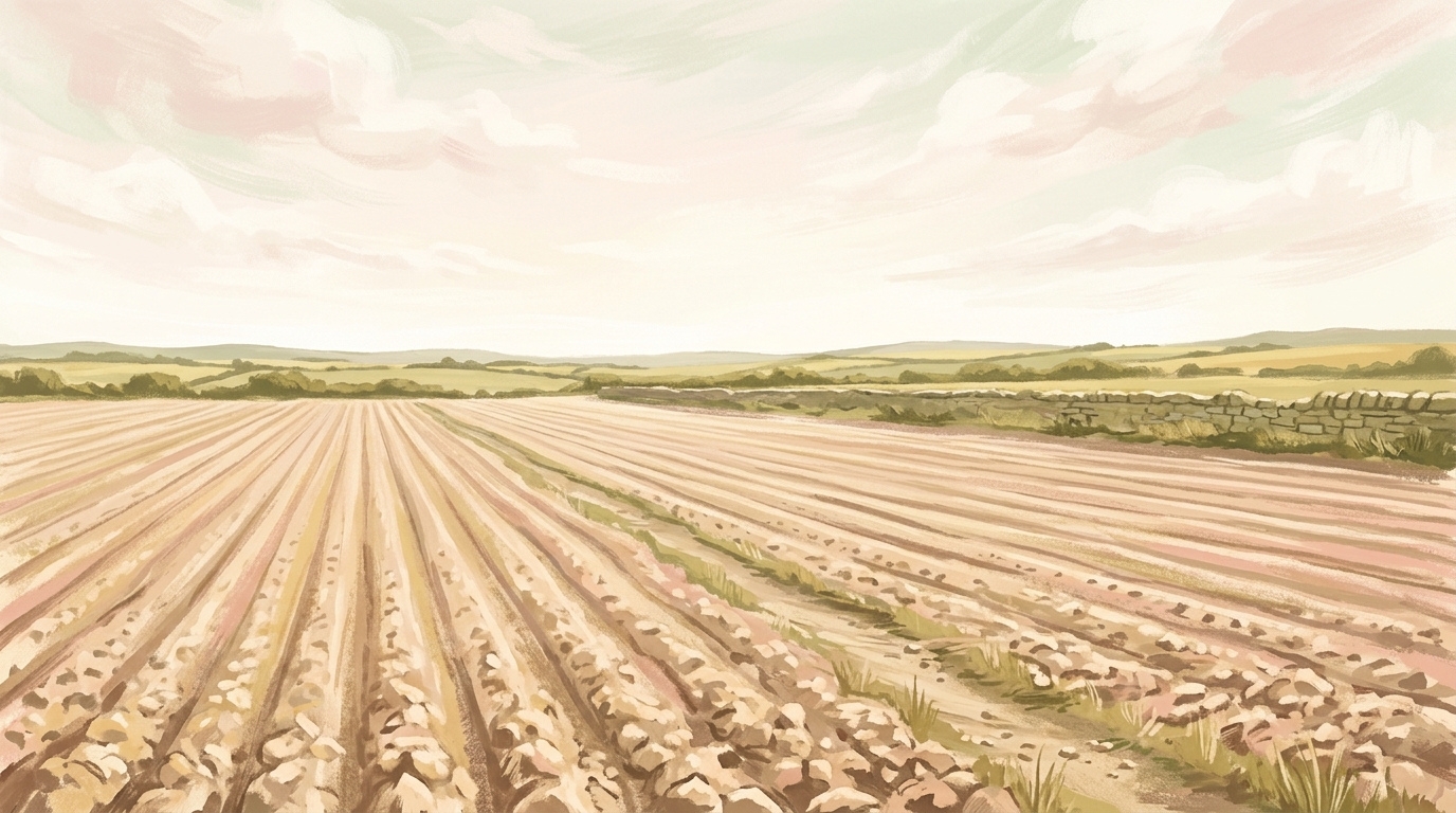Treasure hidden in a field — a footpath worn across a ploughed field at noon under a pale sky