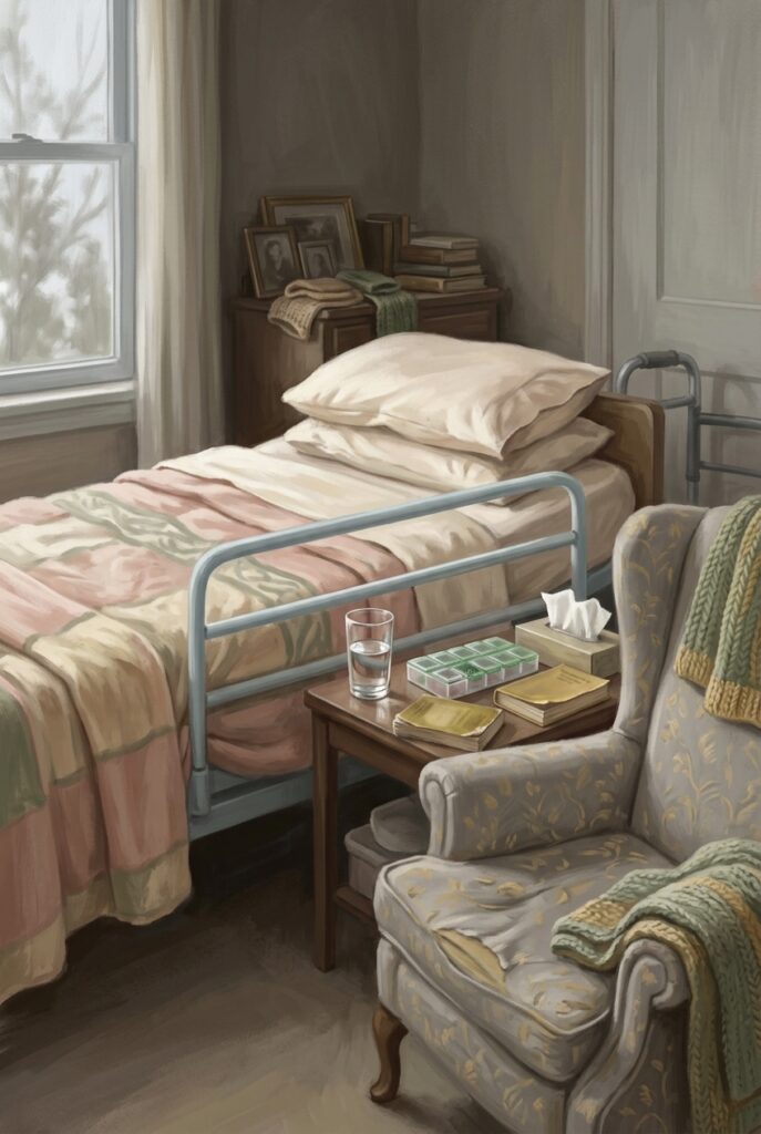Treasure hidden in a field — a worn chair pulled close to a care bed in a spare room