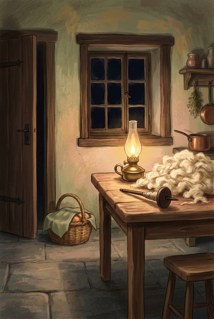 Treasure hidden in a field — an oil lamp, raw wool and a spindle on a kitchen table before dawn