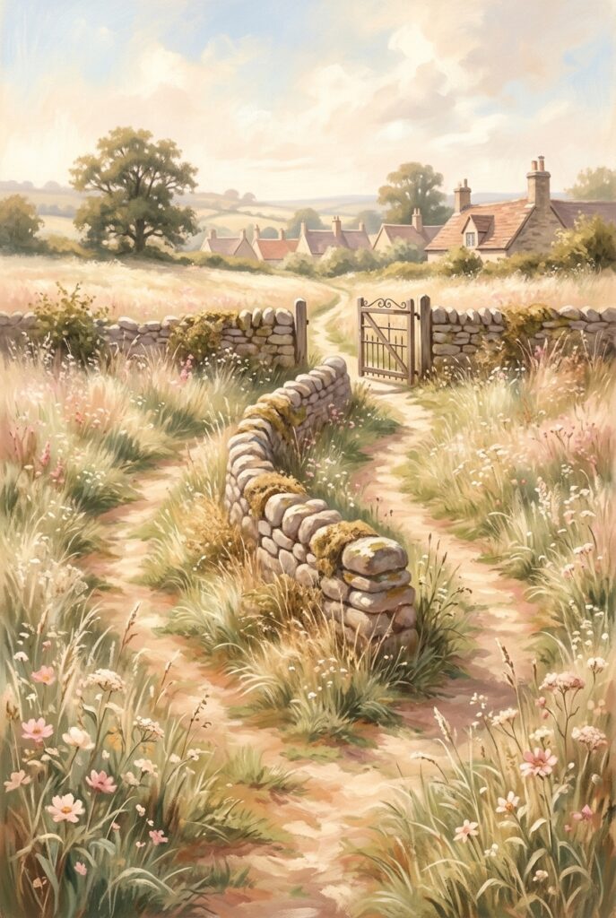 Two grass footpaths parting around a stone wall and meeting again at a single open gate