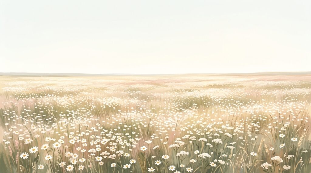 Which no man could number — an immense midday meadow of countless small white flowers running to the horizon
