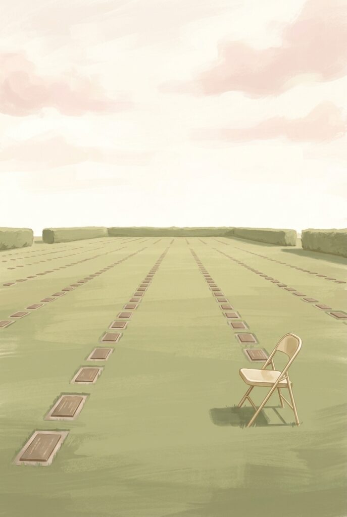 Which no man could number — rows of small identical flat grave markers set level with mown grass, one folding chair left at the end of a row