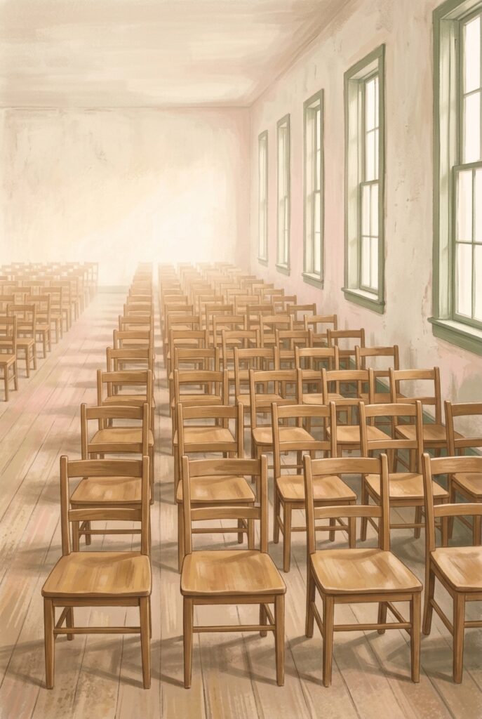Which no man could number — a bright parish hall filled with far more plain wooden chairs than any gathering would need
