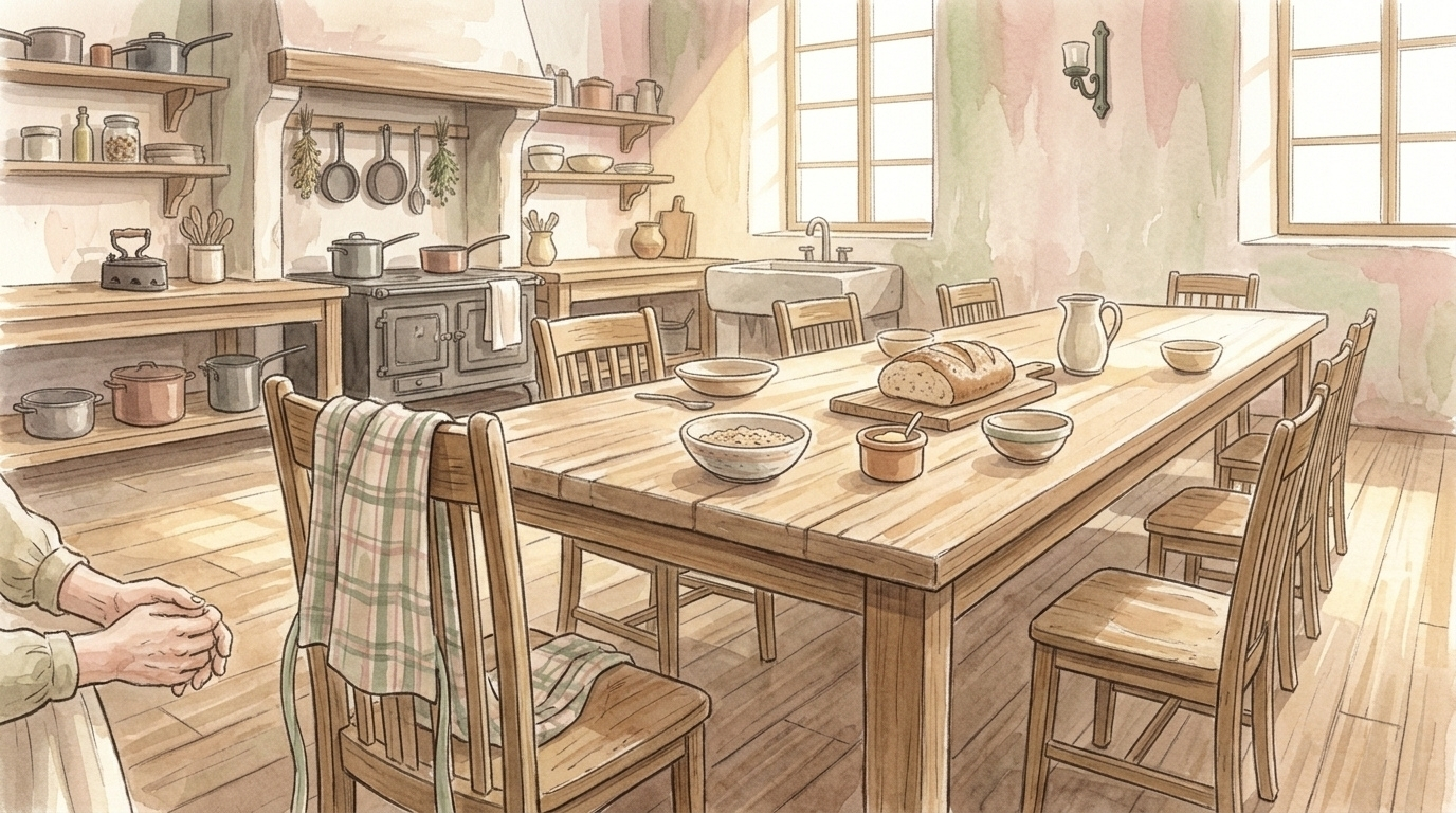 A long wooden kitchen table set with bread and bowls in morning light, chairs drawn back