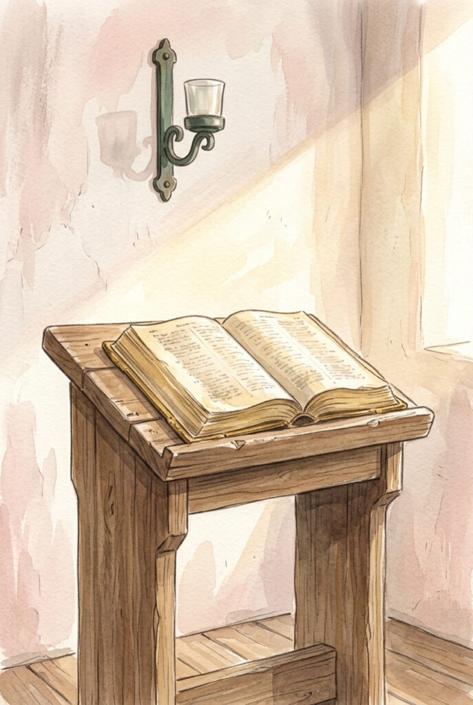 With free minds — an open prayer book on a wooden lectern in a bare whitewashed room