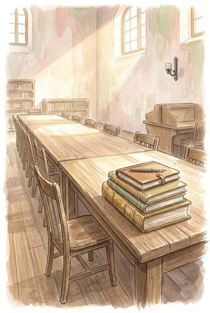 With free minds — a library reading room in daylight with one chair pulled out and books left on the table