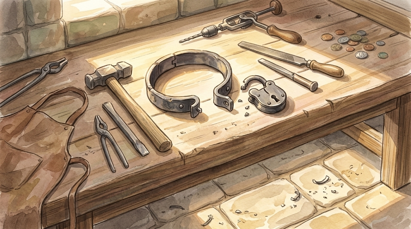 With free minds — an opened iron collar and a broken padlock on a workbench in daylight