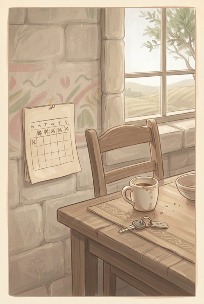 Words of his wisdom as showers — a kitchen calendar with a few days marked and the rest of the month blank